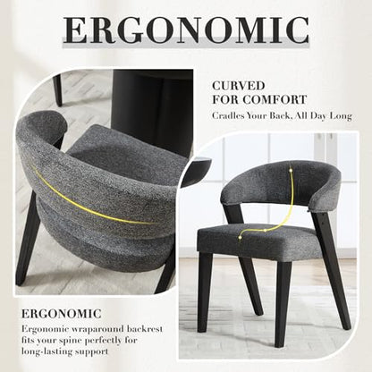 Mid Century Modern Dining Chairs with Arms Set of 2, Upholstered Kitchen & Dining Room Chairs, Barrel Backs/Black Solid Wood Legs, Comfortable Accent Chairs for Living Room, Chenille Grey - color: Grey