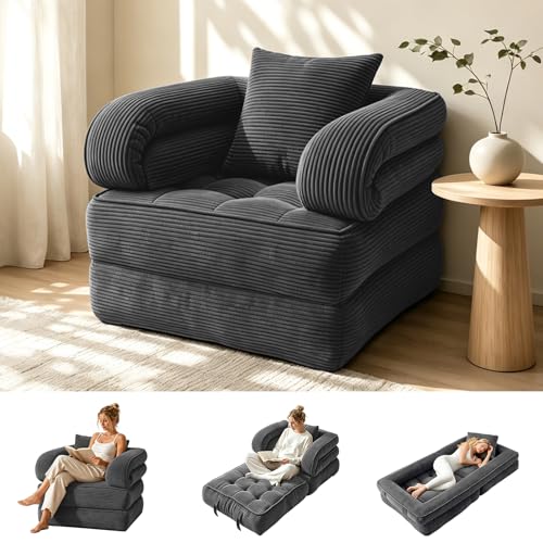 Folding Sofa Bed, Convertible Sleeper Chair with Armrests for Adults, Foldable Corduroy Boneless Bed, 3-in-1 Portable Futon Couch Floor Sofa with Pillow for Bedroom, Living Room, Dark Gray - color: Dark Gray