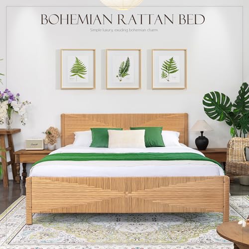 Hand-Woven PE Rattan King Bed Frame with Headboard and Footboard, Boho Mid Century Modern Bedframe with Vintage Pattern, Wicker Bed with Metal Frame and Slats, No Box Spring Needed, 1000lbs