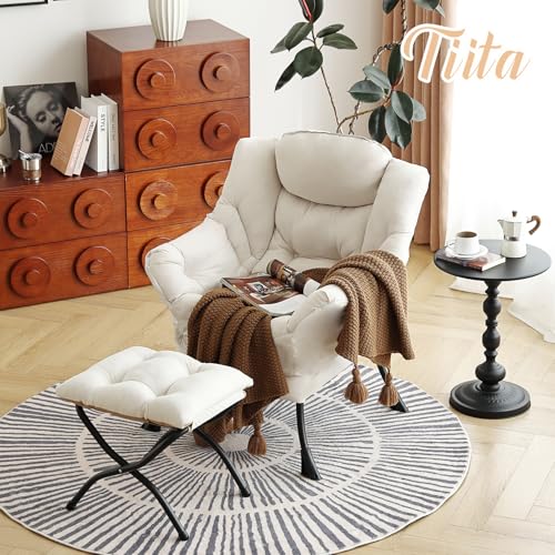 Lazy Chair with Ottoman, Comfy Reading Accent Chair, Beige | Foldable Footrest, Padded Seat and Backrest, Side Pocket for Lounging in Living Rooms, Bedrooms, Dorms and Small Spaces - color: Peach Skin Beige