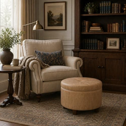 HomePop 24" Large Leatherette Storage Ottoman - Sand Faux Leather - color: Sand Faux Leather