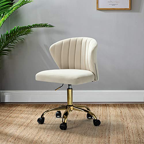 TINA'S HOME Office Desk Chairs with Wheels & Gold Base, Modern Velvet Cute Armless Office Chair, Adjustable Low Back Swivel Rolling Chair, Upholstered Task Chair for Living Room Vanity Study-TAN | Modern Velvet Cute Armless Office Chair, Adjustable Low Ba