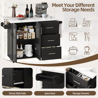43" Kitchen Island on Wheels, Rolling Kitchen Island with Storage, Black | Modern Design, with Drop Leaf, 3 Storage Drawers, Spice Rack & Towel Rack, Faux Marble Tabletop, for Kitchen Dining Room - style: Black