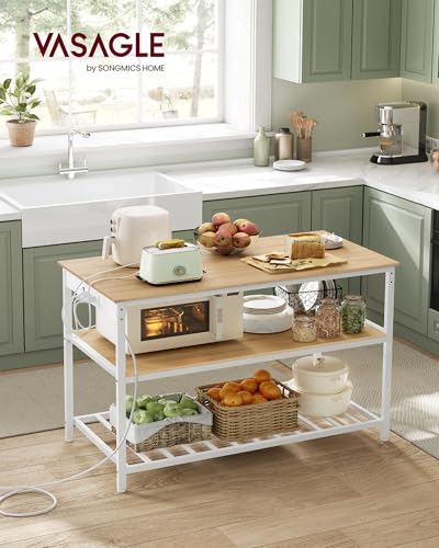VASAGLE Kitchen Island with 3 Shelves, Kitchen Shelf with Power Strip, 23.6 x 47.2 x 34.9 Inches, Large Worktop, Steel Structure, Industrial, Easy to Assemble, Oak Color and White UKKI101Y01 - color: Oak Color + White, size: 47.2"W x 34.9"H, style: with P