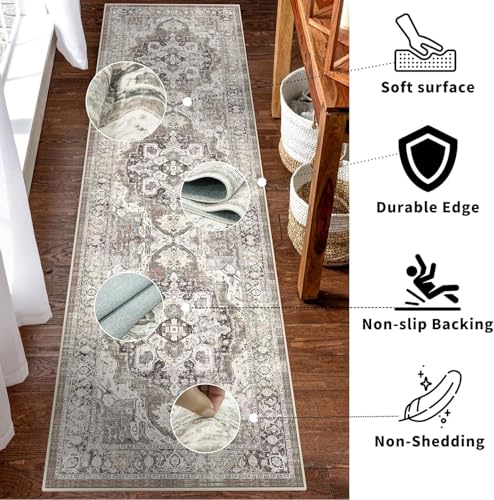 Washable Hallway Runner Rug 2x6: Soft Kitchen Rug Non Slip Rug Runner with Rubber Backing for Living Room Bedroom Bathroom Non Shedding Farmhouse Carpet Runner Rug (Beige/Brown/Grey, 2x6) - color: Beige, size: 2' x 6' (Rectangular)