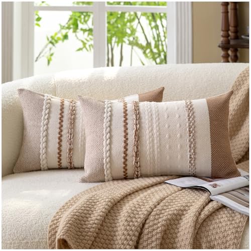 Cethom Boho Throw Pillow Covers 12x20 Inch Set of 2, Brown Textured Decorative Couch Pillow Cases for Farmhouse Home Decor, Accent Cushion Cover for Sofa, Bed, Living Room, Bedroom - color: Brown, size: 20" x 12" (Pack of 2)