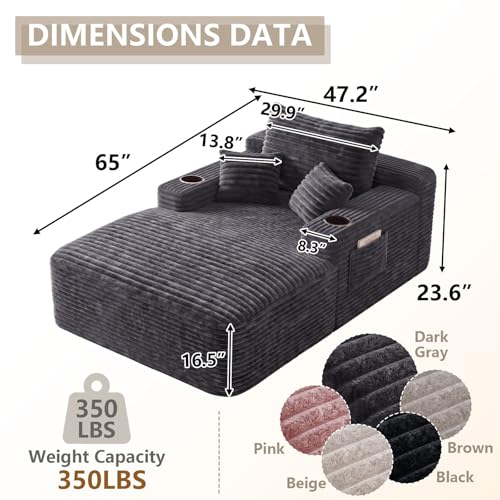 67" Oversized Chaise Lounge Indoor, Upholstered Deep Seat Cloud Couch Corduroy Lounge Chair, Modern Sofa Bed Loveseat Sleeper Chair for Living Room Bedroom Apartment, Dark Gray - color: Dark Gray, size: 67"