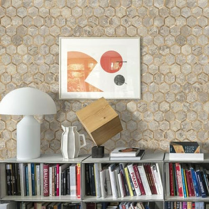 STICKGOO Hexagon Peel and Stick Backsplash Tile, Stick on Backsplash for Kitchen and Bathroom, Stone Beige PVC Mixed Metal Gold Self Adhesive Wall Tiles(10 Sheets, Seamless) - color: Stone Beige with Metal Gold