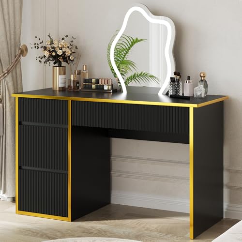 4 EVER WINNER 47-Inch Fluted Computer Desk with 4 Drawers, Black and Gold | Compact Home Office Desk with 4 Storage Drawers, Including a Deep File Drawer, for Bedroom, Study or Small Spaces - color: Black
