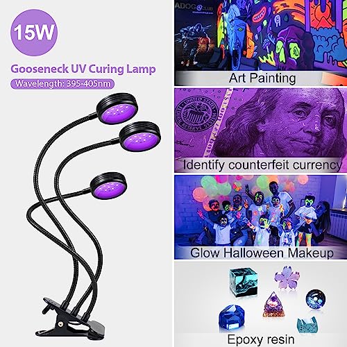 USB UV Black Light 3-Head, 15W 395nm-405nm LED UV Lamp with Clamp, Gooseneck UV Light for Resin Curing, Blacklight Posters, Fluorescent Paint, DIY Crafts - size: 3 Heads