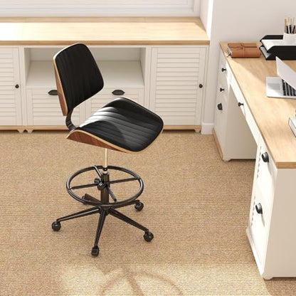 Drafting Chair for Standing Desk, Armless Tall Office Chair with Bentwood Backrest, Adjustable Height, Footrest Ring and Swivel Seat, PU Leather (Black) - color: Black