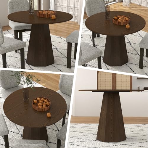 39'' Round Dining Table for 4, Modern Pedestal Kitchen Table Circle Wood Walnut Grain Finish Grain Tabletop Dinner Table Kitchen Table with One-Piece Tabletop for Small Spaces, Walnut Wood - color: Walnut Wood, 39” Round