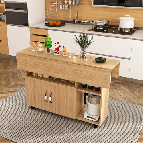 KEIKI 47 Inch Foldable Dining Table, Multi-Functional Folding Table with Storage Shelves and Wheels, Drop Leaf Extendable Dining Desk, Versatile Foldable Side Table for Kitchen, Dorm, Office, Walnut - color: Walnut