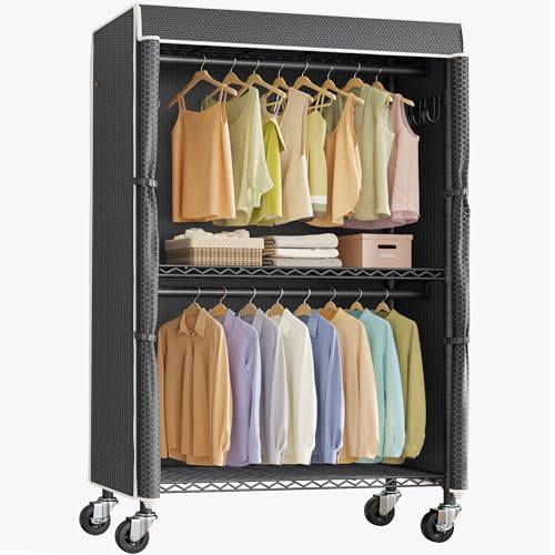 VIPEK R2C Rolling Clothing Rack Covered Portable Closet for Hanging Clothes | Lockable Silent Wheels, Double Hanging Rods, Adjustable Wire Shelving, Polyester Cover, Load 580lbs for Home/Small Space - color: Black Rack with Black Cover, size: R2C