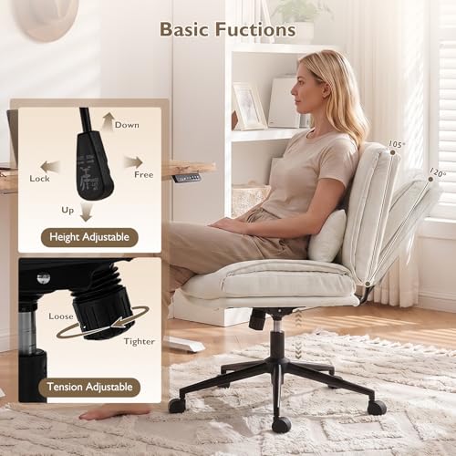 Armless Criss Cross Office Chair with Wheels,Chenille White | 5.5" Double Layers Thickened Seat Cushion and Backrest,Lumbar Pillow,Swivel Chair,Wide Comfortable Cross Legged,320LBS - color: White