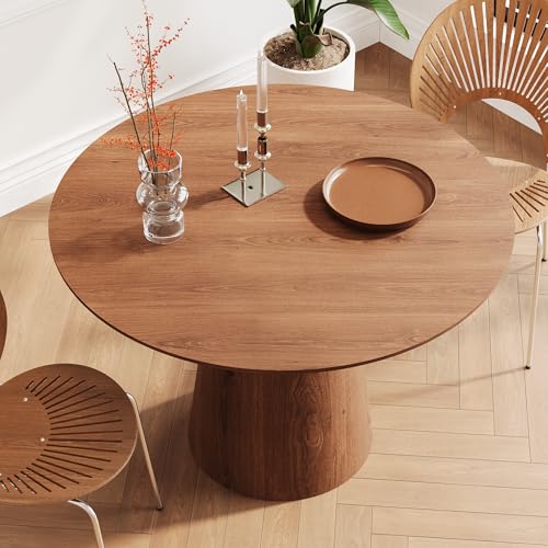 43" Round Dining Table Modern for 4, Natural Wood Grain Circle Kitchen Table with Cone Wood Pedestal Base, Mid Century Circular Dining Table for Living Room, Walnut - color: 43 Inch Walnut