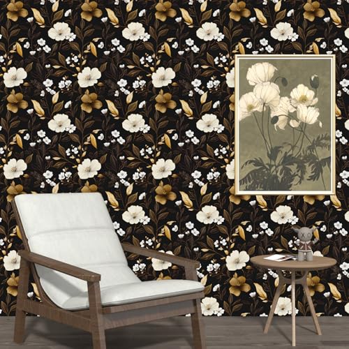 Retro Black Dark Golden Floral Peel and Stick Wallpaper 17.4" x 394" | Renter Friendly, Removable & Waterproof, Vinyl Easy Install for Bedrooms, Bathrooms, Kitchens, Cabinets and Home Decor - color: Black/White, size: 17.4" x 394"