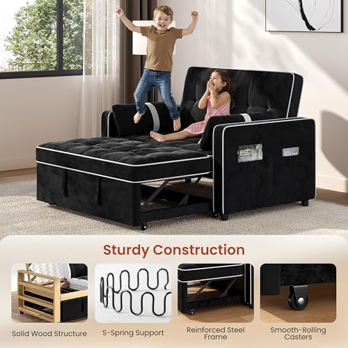 Yaheetech 3 in 1 Sofa Bed Convertible Sleeper Sofa with USB Ports, Black | Velvet Pull Out Couch Folding Loveseat Sleeper, Armrest Pillows, USB Ports, Side Pockets for Living Room Bedroom Apartment - color: Black