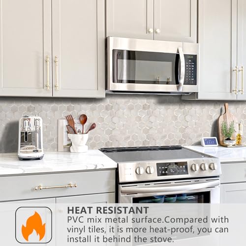 STICKGOO Hexagon Peel and Stick Backsplash Tile, Stick on Backsplash for Kitchen and Bathroom, Beige Marble Look PVC Mixed Metal Gold Self Adhesive Wall Tiles(10 Sheets, Seamless) - color: Beige Marble with Metal Gold