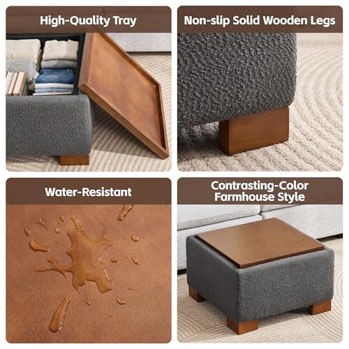 WUTUTUEE 24" Square Ottoman Coffee Table with Storage, Boucle Ottomans with Tray and Solid Wood Legs for Living Room, Bedroom and Apartments, Small Modern Ottoman Tea Table with Lift-Off Lid, Grey - color: 24'' Grey Boucle