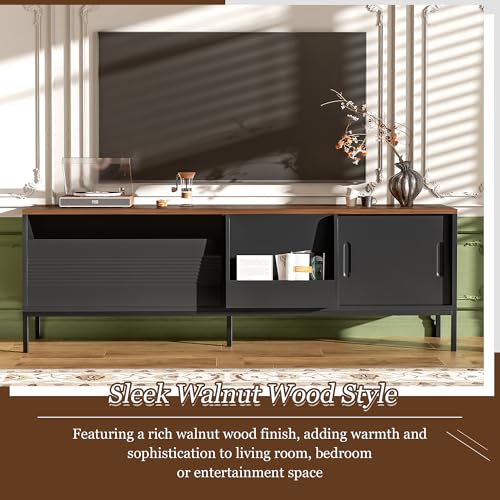 Modern TV Stand 71 in for TVs up to 75 Inches, Entertainment Center with Sliding Doors and Adjustable Shelves for Living Room, Black Media Console with Walnut Top and Sturdy Metal Frame - color: Black-h-70.90 X 15.70 X 22.50 Inch