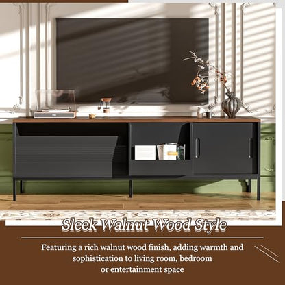 Modern TV Stand 71 in for TVs up to 75 Inches, Entertainment Center with Sliding Doors and Adjustable Shelves for Living Room, Black Media Console with Walnut Top and Sturdy Metal Frame - color: Black-h-70.90 X 15.70 X 22.50 Inch
