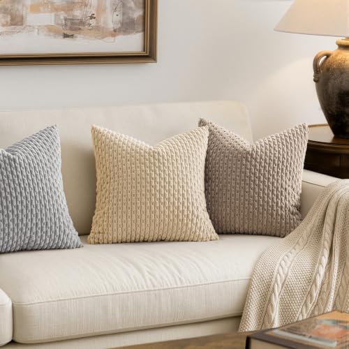 MIULEE Decorative Throw Pillow Covers 16x16 Beige Textured Corduroy | Pack of 2 Striped Pillow Covers Modern Farmhouse Home Decor for Couch Bed Sofa Living Room - color: Beige, size: 16" x 16" (Pack of 2)