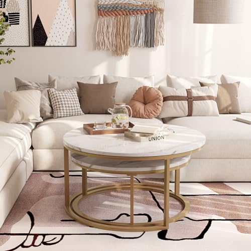 WiberWi Round Coffee Table Nesting Tables Set of 2, Large : Ø 34.0", Small : Ø 26.0", Modern Design Coffee Tables for Living Room, Gold Metal Frame Circle Cocktail Table, High Glossy Faux White Marble - color: White Faux Marble