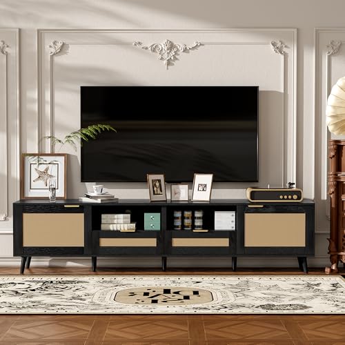Modern Black Rattan TV Stand for 85 inch TV, 79 inch Farmhouse Media Console with Solid Wood Legs and Cable Management, Large Entertainment Center with Storage Cabinets for Living Room - color: Black