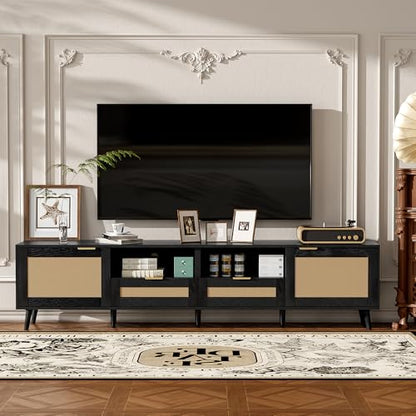 Modern Black Rattan TV Stand for 85 inch TV, 79 inch Farmhouse Media Console with Solid Wood Legs and Cable Management, Large Entertainment Center with Storage Cabinets for Living Room - color: Black