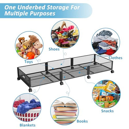 Under Bed Storage with Wheels 47.2"(L)/57.6L Large Rolling Under Bed Storage, Metal Underbed Containers on Wheels, Tool-Free Assembly Foldable Metal Underbed Drawers for Shoes Clothes Toys - size: 2 Pack (47.2×15.7")