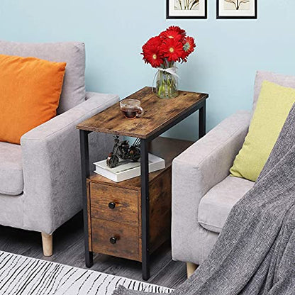 HOOBRO End Table, Narrow Chairside Table with Drawer and Open Storage Shelf, Nightstand for Small Spaces, Stable and Sturdy Construction, Wood Look Accent Furniture, Rustic Brown and Black BF548BZ01G3 - color: Rustic Brown + Black