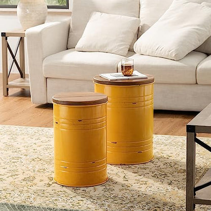 Glitzhome Rustic End Table Set of 2, Farmhouse Galvanized Metal Barrel Ottoman Storage Stool with Round Wood Lid for Living Room Furniture, Yellow - color: Yellow