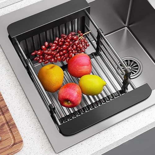 Extend Kitchen Sink Drain Basket, Adjustable Length 11.42-18.7in, Stainless Steel Dish Drying Rack for Kitchen, Retractable Over The Sink Drainer for Dishes, Fruits, Vegetables (Black) - color: Black