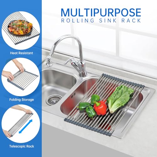 CHIRISEN Expandable Large Roll Up Dish Drying Rack, Foldable Over The Sink Dish Drying Rack, Rolling Dish Drainer Stainless Steel Roll Rack for Kitchen Sink Counter (Gray, 21.25x12.79in)
