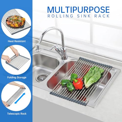 CHIRISEN Expandable Large Roll Up Dish Drying Rack, Foldable Over The Sink Dish Drying Rack, Rolling Dish Drainer Stainless Steel Roll Rack for Kitchen Sink Counter (Gray, 21.25x12.79in)