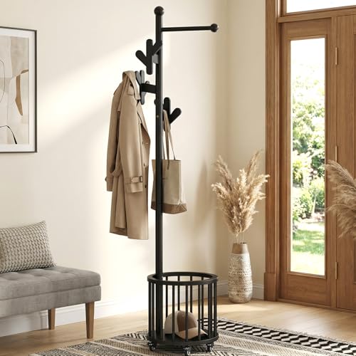 CozyDH Wooden Coat Rack Stand with Umbrella Holder and Wheels, Freestanding Hall Tree Coat Hanger with Multi Hooks, Heavy Duty Coat Tree for Entryway Bedroom Hallway Office，Black - color: Black, size: Round-15.7D×15.7W×72.8H