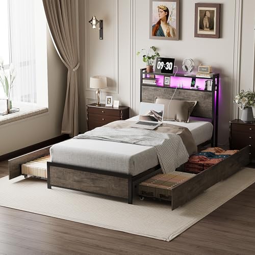VINGLI Bed Frame Twin Size with 4 Storage Drawers and Headboard, Metal Platform Bed with Charging Station and RGB LED Lights, No Box Spring Needed, Noise Free, Easy Assembly, Wash Grey - color: Wash Gray, size: Twin/4 Drawers