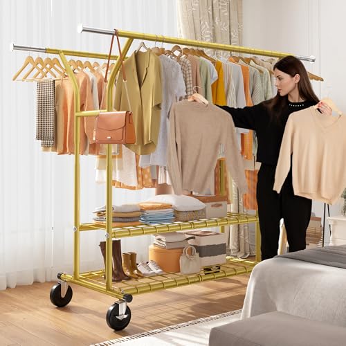 Raybee 74" W Clothes Rack 630 LBS Heavy Duty Double Rods Adjustable Size | 2 Shelves 2 Rods, Industrial Stainless Steel, 360°Lockable Wheels, 15-Min Tool-free Assembly, Bedroom Closet Living Room - color: Gold