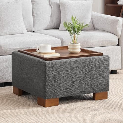 WUTUTUEE 24" Square Ottoman Coffee Table with Storage, Boucle Ottomans with Tray and Solid Wood Legs for Living Room, Bedroom and Apartments, Small Modern Ottoman Tea Table with Lift-Off Lid, Grey - color: 24'' Grey Boucle