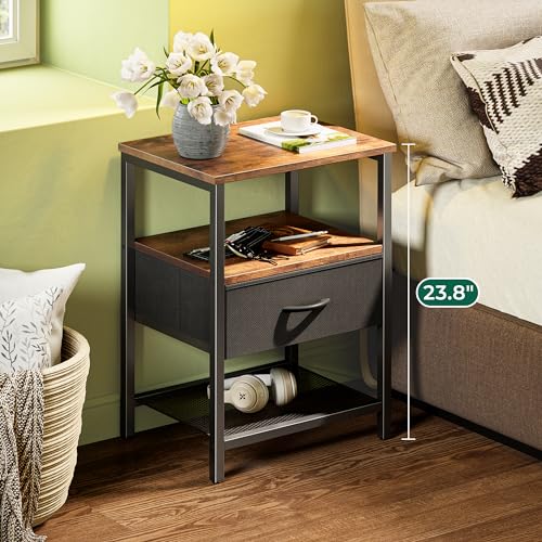 Huuger Night Stand with Fabric Drawer, Side Table with Mesh Shelf, Bedroom Nightstand, Fabric Drawer Dresser, Open Shelf, Metal Frame, Couch Side, Rustic Brown and Black | Bedroom Nightstand, Fabric Drawer Dresser, Open Shelf, Metal Frame, Couch Side, Rus