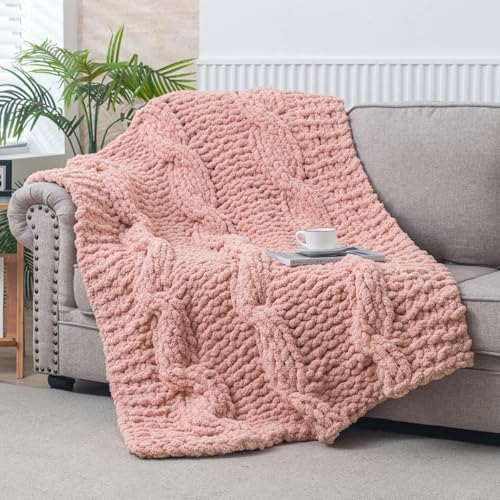 WESHIONGOO Chunky Knit Blanket Throw for Couch Bed 50"×60" Pink | 100% Handmade Knitted Throw blanket Fluffy Soft Blanket With Jumbo Chenille Yarn Thick - color: Pink, size: 50"x60"