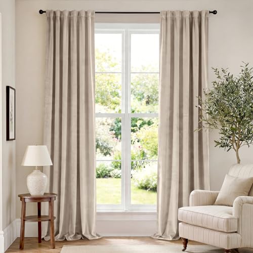 Extra Long Beige Velvet Curtains Rod Pocket 52×108 Inch 2 Panels | Soft Velvet, Room Darkening, For Tall Windows & High Ceilings, Light Shifting Texture, Elegant Drape, Cozy - color: R | Beige, size: 52"W x 108"L (Pack of 2)