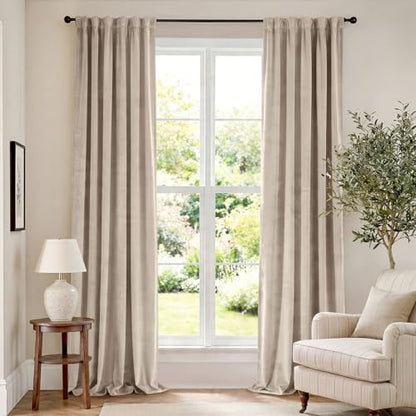 Extra Long Beige Velvet Curtains Rod Pocket 52×108 Inch 2 Panels | Soft Velvet, Room Darkening, For Tall Windows & High Ceilings, Light Shifting Texture, Elegant Drape, Cozy - color: R | Beige, size: 52"W x 108"L (Pack of 2)