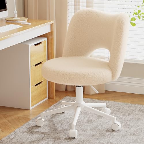 DurayLoly Vanity Chair with Open-Back & 360° Swivel | Cute Desk Chair, Silent Caster , Soft Teddy Fleece, Height Adjustable,Off-White - color: Off-white