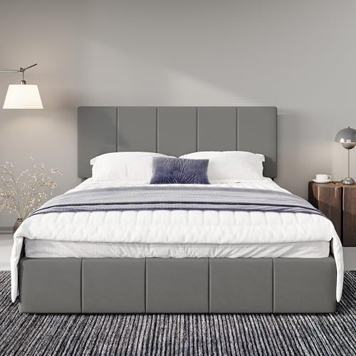 Allewie Full Size Dutch Velvet Upholstered Platform Bed Frame/Vertical Channel Tufted Adjustable Headboard/Low Profile Bed Frame/No Box Spring Needed/Easy Assembly/Grey - color: Grey, size: Full