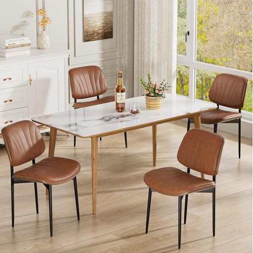 Dining Chairs Set of 2, Mid-Century Modern Upholstered PU Leather Chairs | with Walnut Bentwood Back and Metal Legs Adjustable Feet for Kitchen Dining Room, Camel Shell Strips - color: Camel Shell Strips