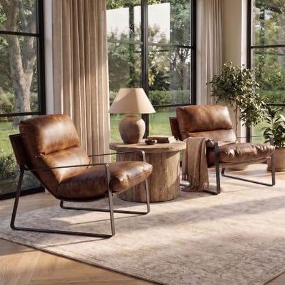 Set of 2 Brown PU Leather Accent Chairs, Modern Living Room Chairs | Comfy Armchairs, Upholstered Lounge Armchair, Removable Seat Cushion, Black Metal Frame, For Reading Room, Bedroom, Balcony - color: Brown-black Legs, size: 2PCS