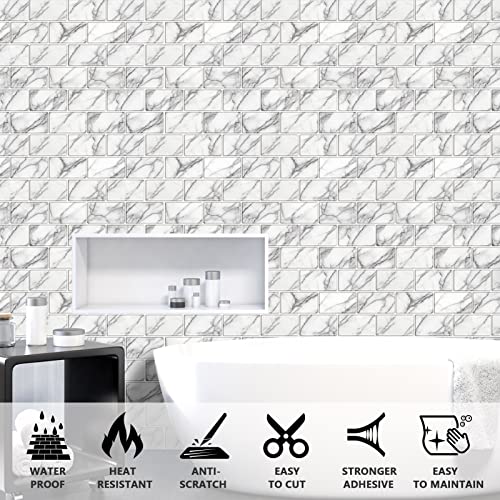 URCOLOR 10-Sheet backsplash Tile for Kitchen Peel and Stick,12"x12" Self Adhesive Subway Wall Tiles Stick on Back Splashes for Bathroom White Marble - color: White Gray