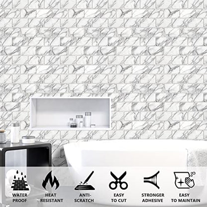 URCOLOR 10-Sheet backsplash Tile for Kitchen Peel and Stick,12"x12" Self Adhesive Subway Wall Tiles Stick on Back Splashes for Bathroom White Marble - color: White Gray
